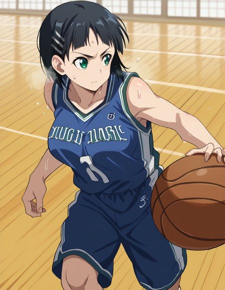 score_9, score_8_up, score_7_up, source_anime, suguhakirigaya, <lora:suguha-kirigaya-s1-ponyxl-lora-nochekaiser:1>, suguha kirigaya, short hair, black hair, hair ornament, hairclip, green eyes, large breasts,, <lora:basketball-dribbling-ponyxl-lora-nochekaiser:1> basketball dribbling, dribbling (basketball), basketball, basketball (object), basketball court, playing sports, ball, sweat, steam, running,, <lora:basketball-uniform-ponyxl-lora-nochekaiser:1> basketball uniform, basketball jersery, sportswear, jersey, shorts, sleeveless,, cowboy shot,