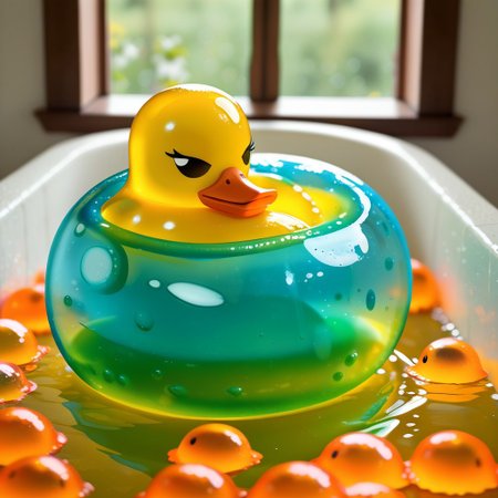 {1duck, 1 bath duck made out of slime, (slime duck:1.5), (yellow slime body:2), (orange slime beak:2), (glossy black eyes:1.5), translucent slime duck, transparent slime duck}
hud_sp_bth, flower, petals, water, bath, in an elegant bath tub, bubbles made out of slime, slimes hiding in the bath bubbles, bubble bath, perspective from inside tub, prespective from inside bath, lots of frothy bubbles, 
everything made of slime, No simple background,
((translucent slime)), ((transparent slime)), (bioluminescent slime), sl1m3d, slime, slime-morph, saturated colors, no humans, no people, no man, no woman,