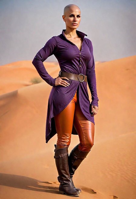 A strong, (extremely muscular:1.4) broad shouldered tall bald woman (Age 20:1.2) with no hair on her body and (dark  tanned glossy skin). (Middle eastern features with brown eyes). (48C-42-46 figure:1.2). Wearing A (loose dark purple medieval mens tunic shirt:1.2), (tight burnt orange leather leggings:1.2) and calf boots. Desert Background. D&D Character, Wide angle, full body pose, photo realistic, masterpiece, HDR