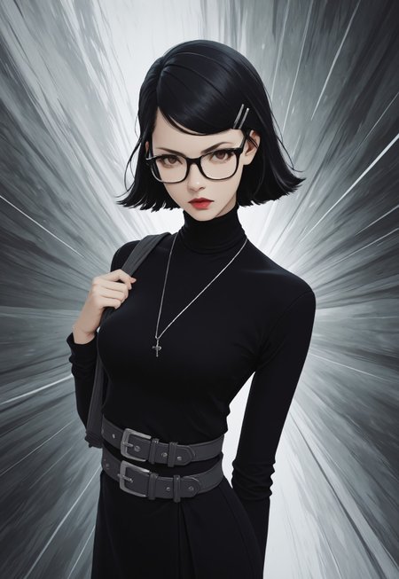 masterpiece, detailed eyes, high quality, best quality, highres, subject focus, Limited Palette, (minimalism:1.2), artistic, dynamic, cinematic, (motion), 1girl, solo, realistic, photorealism, k4t4yamap5x, black hair, short hair, brown eyes, hairclip, glasses, lipstick, necklace, black dress, turtleneck, belt, gazing over shoulder, obsidian, mist, grey, movie perspective, dynamic angle, cowboy shot, g4n1m3, abstract background
