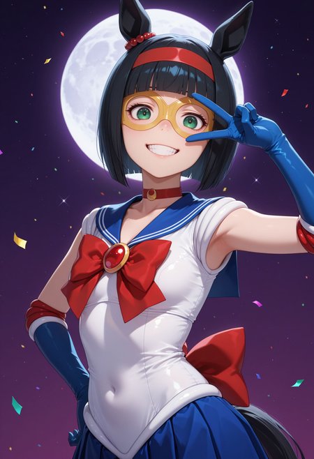 masterpiece, best quality, amazing quality, very awa,absurdres,newest,very aesthetic, looking at viewer,
<lora:Mini the Lady noob:1>,
1girl, short hair, bob cut, blunt bangs, black hair, red hairband, animal ears, horse girl, horse tail, green eyes, teeth, ear ornament, yellow glasses, sailor moon(cosplay), grin, blue skirt, white leotard, blue sailor collar, brooch, blue gloves, elbow gloves, circlet, v over eye, looking at viewer, back bow, hand on own hip, moon, dark background, purple background, confetti, stars close portait, upper body, smile,