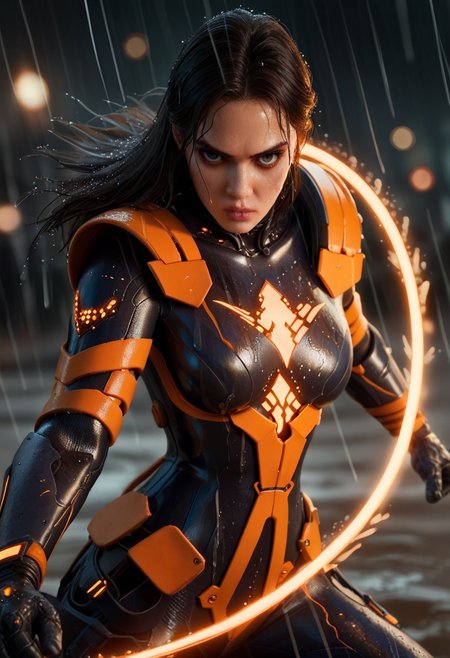 score_9, score_8_up, score_7_up, score_6_up,
stellartachy, 1girl, solo, black  hair, black eyes, long hair, (Large black round armored Shoulder pads:1.4), (look at viewer, perfect eyes; 1.5), perfect lips
(orange neon lines), ( black glowing plugsuit:1.3), cyberpunk gloves, 
(Wet rain, worm, hurricane: 1.5)
cowboy shot, white background, (epic, movie scene , action scene, fight, colorful, bokeh, god light:1.4)