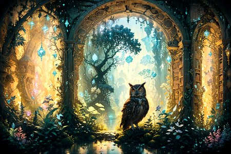 An ancient library hidden within an enchanted forest, illuminated by bioluminescent plants and floating crystals, as seen through the eyes of a curious owl at twilight. <lora:Lost_In_Dreams:0.7> <lora:xl_more_art-full_v1:0.6>, (masterpiece:1.2), best quality, (hyperdetailed, highest detailed:1.2), high resolution textures