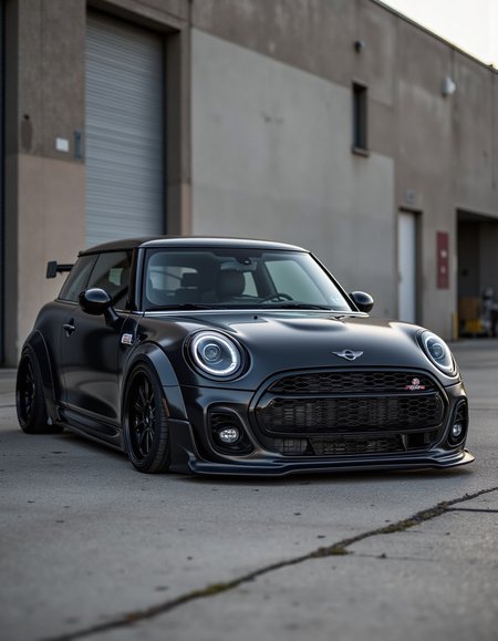 Mini cooper car, matte black paint, low suspension, high end wheels, tinted windows, led headlights, stylish and heavily modified mini cooper car,  wheels slightly tilted,  back alley background,
 <lora:Flacs_Enhancer:0.8> ff-enhance