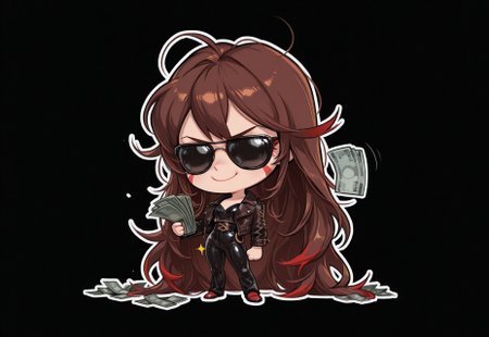 1girl,long hair,brown hair,very long hair,red tips,red streaks,holding money,moneygrabber,sunglasses,chibi,smu,solo,white outline,black background,leather jacket,throwing money,rich,s detailed,masterpiece, best quality, very aesthetic, absurdres,cashmoney,falling money,brat, smuggy,messy hair,tall,usnr,smug smile,cocky