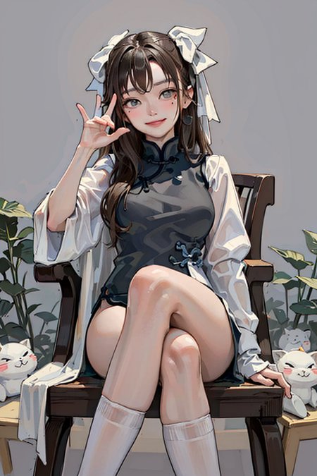 masterpiece, best quality, 1girl, brown hair,long hair, grey eyes, mole under eye, yaozhi\(fkey\), yaozhi\(china_cloth\), <lora:yaozhi_anm_v15:0.77>, sitting, on chair, crossed legs, evil smile, from from below,