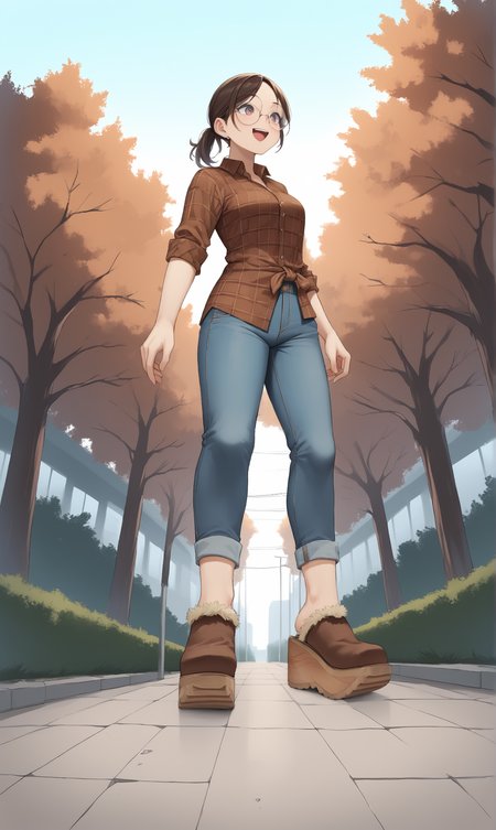 score_9, score_8_up, score_7_up, score_6_up, source_anime,
low angle,
autumn, outdoors, park,
1girl, 
walking, arms out, looking up, happy,
flannel shirt, jeans, round glasses, ponytail, brown hair,
sherpa clogs, platform footwear,
embedding:zPDXLrl ,
embedding:zPDXL2 ,