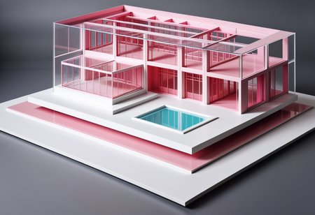 best quality, professional grade, studio shot of an architecture physical model, ( pink  details),  glass model,( geometric  style)  super detailed, masterpiece, Perfectly framed, cinematic lighting, focused, Architecture office in background, hyperrealistic, ultrarealistic, <lora:rawconcreteXL:1> Architecture physical model