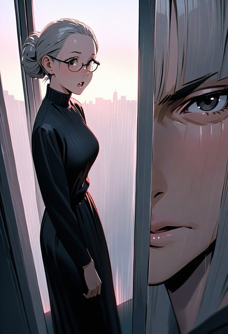 (graphic novel style, dark novel style:1.5),(anime), (masterpiece:1.4), (soft cinematic light:1.1), incredibly lifelike, Extremely high-resolution details, 8k, best quality,extremely detailed, contrast,
high tech design,
 gallery of contemporary art, inside, a old woman walking against the backdrop of a giant floor-to-ceiling window, through which one can see a city landscape with skyscrapers and a sunset ,fullbody, open mouth, ((elderly)) woman in a ((black long dress)) and black high-heeled shoes, elderly, old woman, [Nordic], Hourglass elongated body, Oval Face, Long neck, Rounded shoulders, long slim thin arms, Attached Pointed ears, round forehead, (gray Updo short combed back hair), snub nose, Arched eyebrows, Monolid black Eyes, High Round Narrow cheekbones, Hollow Cheeks, Rounded Chin, Rounded Jawline, thin Lips, (black eyes), (square glasses), Wrinkles and Fine Lines, a large white canvas at the wall,