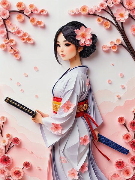 Made of paper.

A beautiful Japanese woman, dressed in a kimono, holding a samurai sword. Cherry blossom.

<lora:Quilling01_CE_XL_300-OT:0.6> qlngCE_style