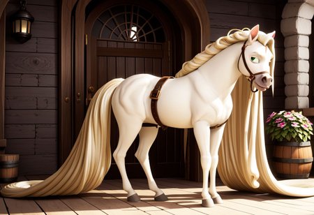 Score_9,  score_8_up,  score_7_up,  original style, 3d disney anime, Maximus the white horse, solo, (A full body image of a horse with an endlessly long white Rapunzel-Style mane), (absurdly long white Rapunzel-Style mane:1.4), (meters of hair without end:1.2)