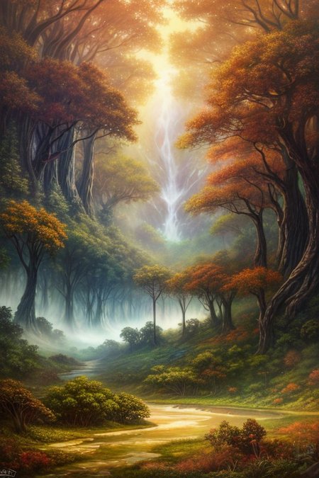 Surreal oil painting,
fantasy forest,
an expansive ancient forest, featuring towering oaks, diverse wildlife, a variety of flora, and a feeling of grandeur,forest lake,waterfalls,
glowwave,
dawn,
thunderstorm, and many small clouds, and slightly cloudy,,,