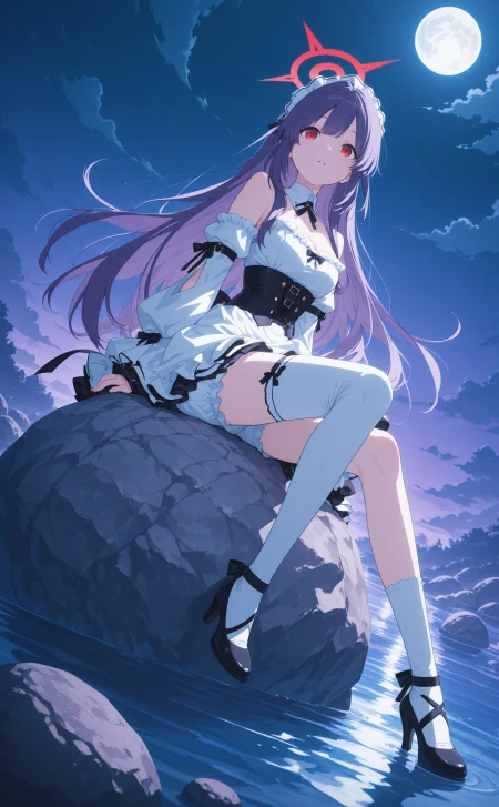 masterpiece, best quality, amazing quality, aitsuki nakuru, 1girl, asymmetrical legwear, bloomers, boulder, cleavage, cloud, corset, detached sleeves, dress, dutch angle, frilled dress, frills, full body, full moon, high heels, long hair, moon, night, off-shoulder dress, off shoulder, parted lips, purple hair, red eyes, shorts, shorts under skirt, single thighhigh, sitting, solo, thighhighs, water, blue archive style,
J4gkB_illu, <lora:noobai_ep11_stabilizer_v0.138_fp16:0.3> <lora:lpc_v10:0.7> <lora:blue_archive-ixl-style-soralz:0.8>