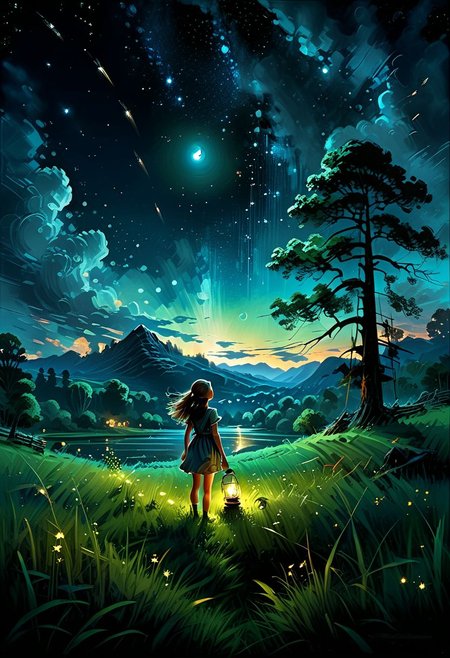 dark or moody setting, sense of depth and intrigue, digital brush strokes, summer night, magical night, landscape photography, from below, sky above and open field (solo: 1.2), side face of a girl standing on the grass and looking up, full moon, shooting stars, nebula, numerous clouds, mountain lines, trees,
masterpiece, best quality, 4k, ultra-detailed, studio quality, warm summer night, fireflies with a lantern, intricate details, field and river of blue grass, volumetric lighting,