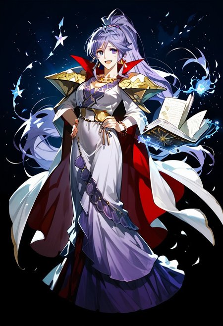 score_9_up, score_8_up, score_7_up, extreamly detailed, beautiful detailed face, complex detailed background, completely clothes, BREAK, 
ISHTAR (FIRE EMBLEM), 1girl, solo, long hair, breasts, looking at viewer, smile, open mouth, skirt, shirt, jewelry, purple eyes, full body, ponytail, purple hair, earrings, alternate costume, hand on hip, book, long skirt, open book, magic
