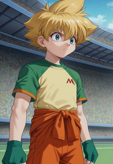 score_9, score_7_up, source_anime

MaMizuha, 1boy, male focus, solo, blue eyes, freckles, blonde hair, spiked hair, t-shirt, raglan sleeves, short sleeves, orange jumpsuit, jumpsuit around waist, gloves, green gloves, fingerless gloves,

outdoor, stadium