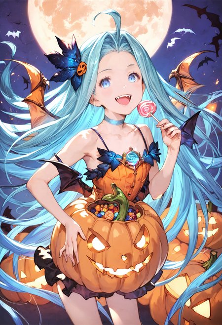 score_9, score_8_up, score_7_up,score_6_up, source_anime, best quality, aesthetic, absurdres, realistic, moon, 
halloween, halloween costume, official alternate costume, vampire, pumpkin, jack-o'-lantern, hair ornament, (miniskirt:1.2), (holding sucker, lollipop:1.2), blue gem,
1girl, solo, smile, upper teeth only, (clear eyes:1.1), looking at viewer,
Lyria (Granblue Fantasy), very long hair, blue hair, (body_slim:1.1), small breasts, choker, bare legs,
<lora:Lyria-Pony:0.8>   <lora:IshikePony:0.3>