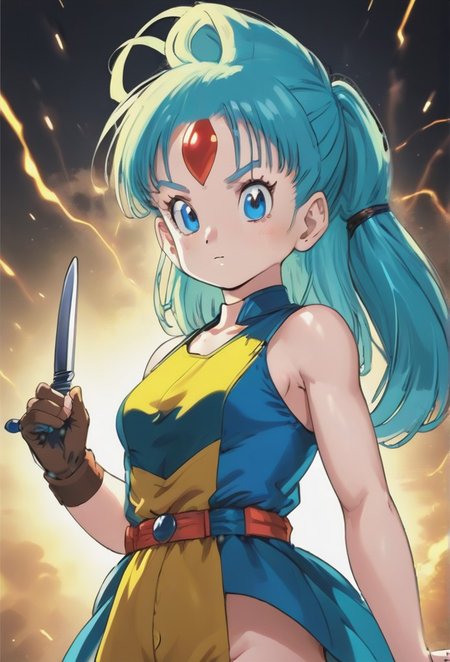 (1girl, solo, facing viewer, , , bizhi, human scabbard, holding, holding weapon, holding sword, electricity, cleavage, (bulma \\(dragonball\\), aqua hair, blue eyes,:1.3):1.3), zPDXL3 ,SimplePositiveXLv2, masterpiece, best quality, high res, illustration, extremely detailed, 8k, wallpaper