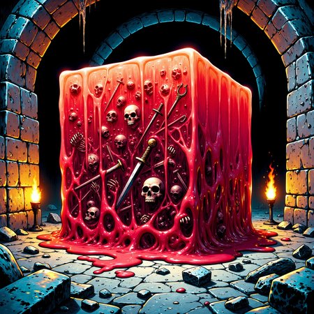 famous artwork, highly detailed pulp comic-style image of a crimson red gelatinous cube oozing through a dark, eerie dungeon, the cube has a thick, semi-translucent texture with an ominous crimson red hue, its surface is gooey, organic and uneven, capturing the classic, bold inking style of vintage comics, inside the cube, remnants of skeletons, weapons, and armor are suspended, partially dissolved and adding to its menacing appearance, the background is a shadowy, dungeon corridor with crumbling stone walls, flickering torches casting dramatic shadows, and cobwebs hanging from the ceiling, the scene is illustrated with vibrant colors, heavy shading, and thick, expressive lines, evoking the dramatic and suspenseful atmosphere of classic pulp comics, the overall tone is both adventurous and sinister, highly detailed background, <lora:gelatinous_cube-flux-by_oneviolentgentleman:0.8>