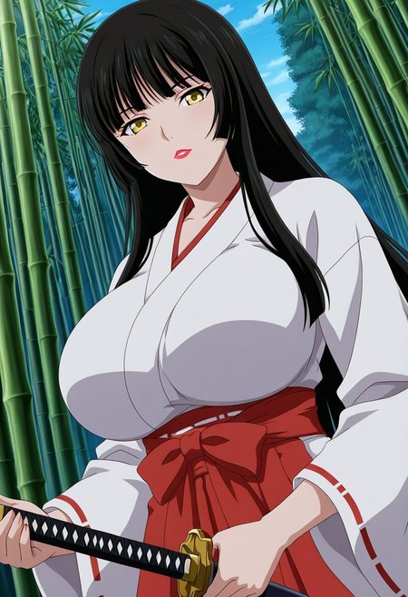 general,highres, ultra-detailed,very aesthetic,best quality ,best hands,best eyes,easynegative,
dynamic anglre, dutch angle, anime cloring,anime screencap,
1girl solo,looking at viewer,bamboo forest,holding katana,
Biwa Hanamaru,black hair,long hair,yellow eyes,lipstick,huge breasts,open chest miko costume,