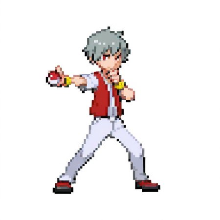 1boy, 
grey hair, red eyes, short hair, hand on chin, red vest, white shirt, wristbands, 
outstretched arm, holding poke ball, legs apart