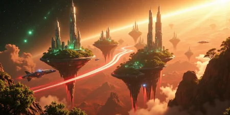 Suspended in the vast expanse of space, a mesmerizing chain of islands drifts serenely in orbit around the red planet, Mars. Each island hovers at a different altitude, their surfaces adorned with lush, emerald foliage that flourishes beneath the glimmering force fields enveloping them like protective shields. The shimmering barriers ripple like liquid light, refracting the harsh glow of distant stars and painting the sky with an ethereal iridescence.
Expansive land bridges connect these celestial wonders, their structures crafted from advanced alloys that gleam under the golden radiance of a nearby sun. Towering skyscrapers, sleek and futuristic, rise like monolithic sentinels from the dense greenery, their crystalline facades pulsing with streams of neon energy. Some seem to touch the heavens, their uppermost floors disappearing into the wisps of cosmic mist that swirl around them.
Above and below, sleek shuttles weave through the intricate pathways of this orbital oasis, descending gracefully toward the Martian surface in choreographed arcs of propulsion and light. Each craft leaves behind a faint, luminescent trail as it navigates through the shimmering force fields, vanishing into the crimson haze that blankets the planet below. The scene is a breathtaking fusion of sci-fi wonder and mystical grandeur, rendered in stunning 8K detail with the magic of Unreal Engine, Octane Render, and the unparalleled realism of ray tracing. It is a vision of a world where technology and fantasy entwine, suspended in the cosmos like an artistâs dream brought to life. <lora:Flux_Detailer_v3:0.8> Jeddtlv3 <lora:Test:0.8> n1t3_du5t