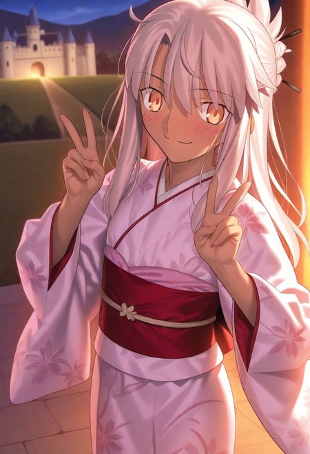 masterpiece, best quality, amazing quality, very aesthetic, absurdres, 1girl, 
Takeuchi takashi, chloe von einzbern, fate stay/night, dark skin, pink hair, orange eyes, cowboy shot, smug, blush, child, castle, looking at viewer, kimono, peace sign