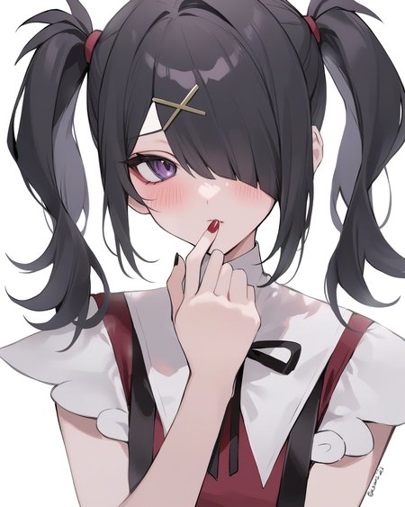 masterpiece,best quality,<lora:ame-chan:1>,ame-chan \(needy girl overdose\), 1girl, solo, twintails, black hair, hair over one eye, purple eyes, looking at viewer, blush, x hair ornament, nail polish, black nails, twitter username, suspenders, one eye covered, blood splatter, red nails, bangs, white background, upper body, hand over own mouth, hairclip, black ribbon
