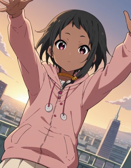 score_9, score_8_up, score_7_up, source_anime, <lora:choi-mochimazzi-s1-ponyxl-lora-nochekaiser:1>, choi mochimazzi, short hair, black hair, dark skin, dark-skinned female, pink eyes, sidelocks, jewelry, hoodie, pink hoodie, skirt,, rooftop, sunset, cityscape, quiet moment, wind blowing, contemplative, , on back, arm support, arms up, incoming hug, pov, reaching, reaching towards viewer,, looking at viewer, solo,, dutch angle, cowboy shot