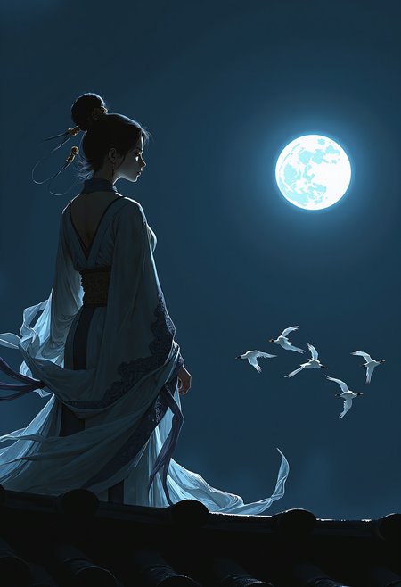 zhongfenghuaStyle, A beautiful traditional Chinese woman stands gracefully on the edge of a roof, her elegant silhouette outlined against the dark night sky. She gazes up at the full, round moon that illuminates the heavens with a soft, ethereal glow. Her delicate robes, embroidered with intricate patterns, flow gently in the night breeze, catching the faint light of the moon. In the distance, a flock of white cranes gracefully soars through the sky, their wings spread wide as they glide toward her, adding a sense of mysticism to the scene. The quiet, peaceful moment is filled with a sense of longing and timeless beauty, as the serene woman contemplates the vastness of the moonlit sky  <lora:zhongfenghuaStyle:1> <lora:Ethereal_EasternV2:0.4>