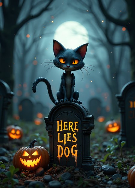 Whimsical wonderland, set the scene: a moonlit cemetery night, tombstones etched with witty epitaphs and quirky inscriptions. A lone feline figure, agile and lithe, performs an impish jig atop a grave marked with the words "Here lies Dog". The cat's paws tap out a lively rhythm on the weathered stone, while its tail flicks back and forth like a metronome as it pirouettes with mischievous glee. A sprinkle of stars twinkles above, casting a celestial glow on this surreal tableau. Amidst the somber surroundings, the cat's carefree dance defies gravity and reason, as if to say: "Death may have claimed Dog, but Dance claims me!"