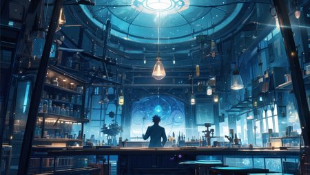 (masterpiece, top quality, best quality) ,,BREAK ,(fantasy),wide shot,scenery , <lora:cozy animation scenes_20230824111332:0.3>,light particle,(laboratory ),glowing,light ray,(stained_glass),chalkboard ,(blue crystal),dark,(magic_circle ),wooden,green 
theme,((vanishing_point)),((stasis_tank)),[[flask]],paper,[erlenmeyer flask],[test tube],dome,submerged ,(chimera),(monster)