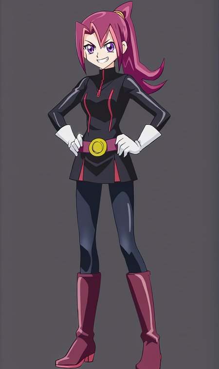 KT, 1girl, solo, pink hair, ponytail, purple eyes, hair tie, black bikesuit, white gloves, leather tights, pink knee boots, hands on hips, full body, standing, looking at viewer, grin, simple background, black background,  <lora:Kari Tsukumo Pony XL:1>