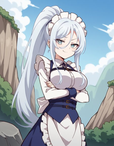 score_9, score_8_up, score_7_up, source_anime, <lora:sylpha-langlis-s1-ponyxl-lora-nochekaiser:1>, sylpha langlis, long hair, blue eyes, hair between eyes, ponytail, white hair,, large breasts, apron, maid, maid headdress, maid apron, frills, long sleeves,, cliff, height, rocks, nature, sky, , crossed arms, smug, looking at viewer, solo,, dutch angle, cowboy shot
