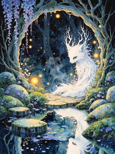 ink wash, watercolor and alcohol ink, a secluded, moonlit garden deep within an ancient forest, bathed in silver light, the scene is dreamlike, filled with cascading wisteria, tiny intricately detailed herbs and wildflowers, delicate misty fog is drifting through the air, a mystical silver-furred kitsune fox spirit sits at the gardenâs center, its nine white fox tails flowing like silk, with each fox tail's tip faintly glowing. the kitsune's magical golden eyes shine through the night, ethereal will-o-wisps float gently in the air, casting a soft, mystical glow over the moss-covered stones and a tranquil koi pond beneath. the atmosphere is surreal and enchanting, with a color palette of mint green, teal, deep indigo, ethereal blues, and lavender, the golden accents of the floating will-o-wisps and the kitsuneâs eyes contrast against the cool tones, petals from the wisteria drift lazily through the air, caught in a soft breeze that disturbs the mirror-like pond, subtle ripples distorting the reflection of the moon and the ghostly silhouette of the fox spirit. a cinematic, painterly shot, slightly elevated angle, capturing the entire mystical landscape in breathtaking detail, intricate hand-painted textures and masterful use of light and shadow create a delicate balance between whimsy and haunting beauty, atmospheric fog softens the edges of the scenery, creating an otherworldly, timeless quality, the entire scene rendered in handcrafted alcohol ink and watercolor with soft, flowing brushstrokes, infused with a sense of ancient magic and mythical legends. the medium is traditional washi paper, ink and watercolor medium, ovg, studio ghibli dark fairytale, <lora:style-dark_ghibli-flux-by_arsmachina:1.0>