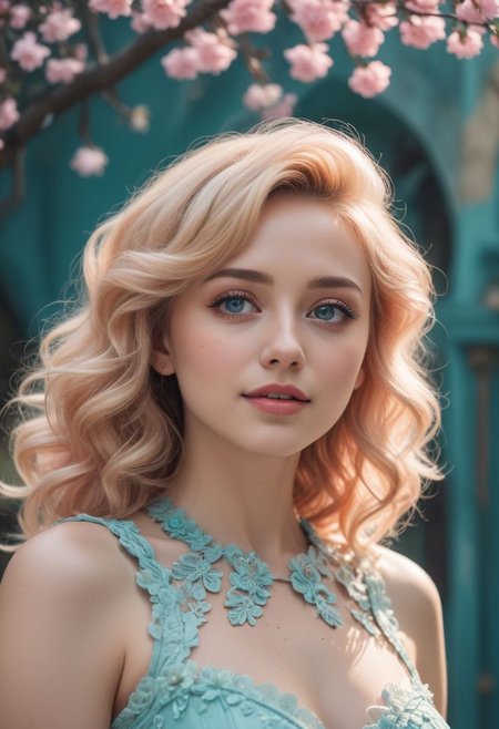 Romantic Rosette dress, full height, low angle shot, (Surreal), (illustration), (Resolution enhancement), (8k), (Very detailed), (Best illustration), (Beautiful and delicate eyes), (best quality), (Super detailed), (masterpiece ), ( wallpaper), (Detailed face),one blonde, curls,(High top fade in and out:1.3), (Smile brightly, bright look), dark theme, soothing tone, pastel colors, high contrast, (natural skin texture, Surreal N;NI, soft light, Impatient),exposure blending, medium shot, Bokeh, (human development report:1.4), high contrast, (Movie, teal and orange:0.85), (pastel colors, fade, soothing tone:1.3), high saturation, (Super detailed:1.2)
