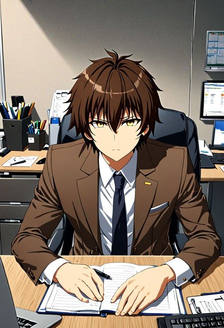 high resolution, solo, best quality, 1Boy, Seiya Kanie, Brownish Hair, suit, worklife, workspace, OverallDetail
