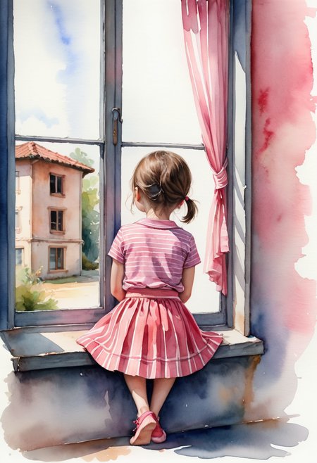Watercolor painting of a little girl sitting on a window,back side view,striped shirt,pink skirt,