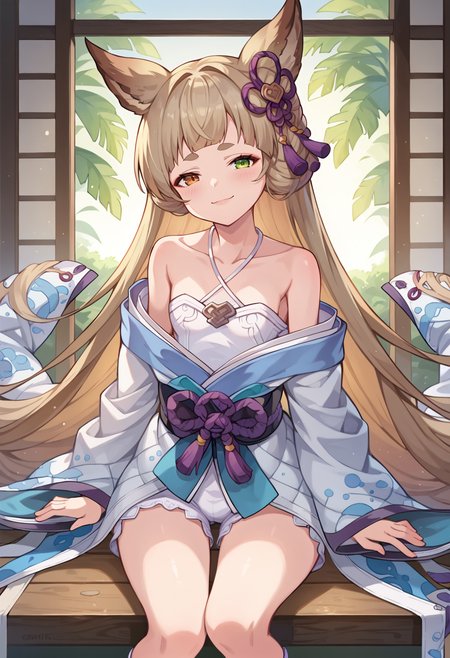 score_9, score_7_up, hd, (ultra hd quality details), source_anime, indoors,
solo, 1girl, gbfpholia, erune, brown eyes, green eyes, heterochromia,
phlyuk, very long hair, animal ears, hair ornament, kimono, collarbone, bare shoulders, wide sleeves, bloomers, thighs,
looking at viewer, blush, smile, head tilt, half-closed eyes, 
sitting,
<lora:_pholia_gbf-elesico-ponyC:1>