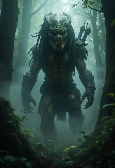 "Predator's Gaze: Shrouded in Mist", full-length in motion, bottom-up view, the fearsome appearance of the iconic hunter from the sophistication of Weta Digital, shrouded in clouds of mysterious smoke in an ancient forest, presented in stunning hyperrealism
Concept art inspired by Gabriele Dell'otto,