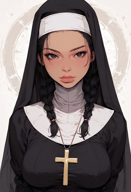 score_9, score_8_up, score_7_up, high detailed, high quality, masterpiece, no text, quality highlights, 8k detail, detailed background, source_anime, dynamic view, hentai, ultra-detailed,
...
1girl, (((solo))), female focus, expressiveh, (young),
(warm skin), (black hair), (black eyes),
(two braids), (medium breasts), (thick thighs), big butt,
(thick butt), (curvy girl), cute girl, thick lips,
(incredibly sexy), sexy pose, pose,
...
((nun costume)),
standing, upper body, front view, closed mouth,
posing, arms at sides,
...
(white background)