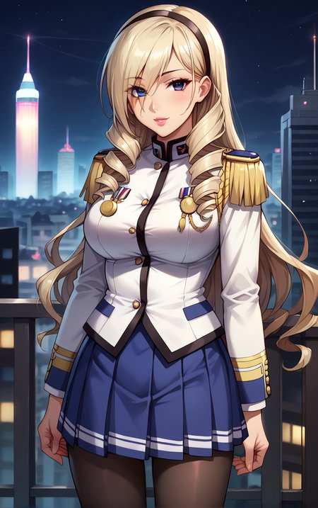 score_9, score_8_up, score_7_up, looking at viewer,  BREAK
MainOutfit_CeliaCumaniAintree_ownwaifu, 
1girl, blonde hair, blue eyes, large breasts, drill hair, long hair, hairband, hair between eyes, lips, eyes visible through hair, bangs, lipstick, pink lips, 
blue skirt, frilled skirt, military uniform, white suit, epaulettes, uniform, aiguillette, school uniform, pleated skirt, skirt, black pantyhose, medal, military, long sleeves, pauldrons, 
(standing, arm_support), railing, cityscape, night, city, city lights, scenery, starry sky, outdoors, <lora:PONYXL_CeliaCumaniAintree_ownwaifu:0.8> , depth of field, solo,