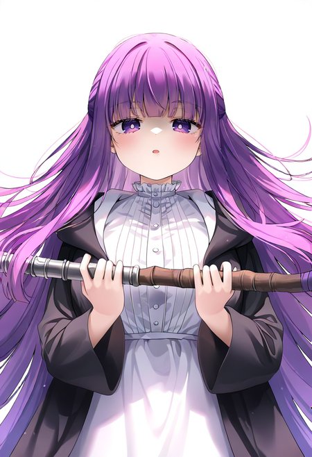 1girl,fern \(sousou no frieren\),sousou no frieren,black coat,blunt bangs,breasts,coat,collar,dress,frilled shirt collar,frills,holding,holding staff,long hair,looking at viewer,parted lips,purple eyes,purple hair,purple pupils,sidelocks,staff,straight hair,white dress,lips,expressionless,:o,high collar,shaded face,half-closed eyes,simple background,turtleneck,solo,upper body,long sleeves,bright pupils,open coat,straight-on,eyelashes,hime cut,large breasts,very long hair,wide sleeves,frilled collar,blush,open clothes,white background,hands up,floating hair,purple theme <lora:caoXL_NBVP1_lokr_V6311PZ:0.95>