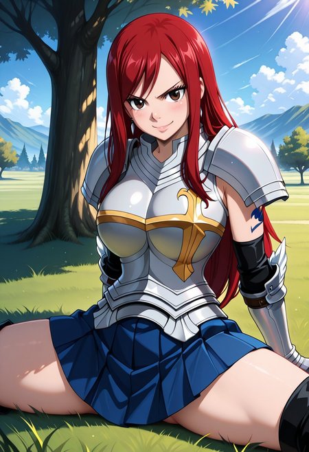masterpiece, best quality, amazing quality, dynamic view,  solo, dynamic view,  solo, 1girl, masterpiece, best quality, bokeh, luminescent background, 
(erzascarlet,,
 red hair, long hair, earring,  brown eyes, shoulder tattoo, fairy tail tattoo, large breasts,,
armor, breastplate, gauntlets, pauldrons, shoulder armor, pleated skirt, blue skirt, khee boots, black boots,
, ), 
outdoors, split, spread legs, flexible, arm support, sitting, wide spread legs, from behind,  grass, tree, blue sky, cloud, looking at viewer, thumbs up, v-shaped eyebrows, smile, closed mouth