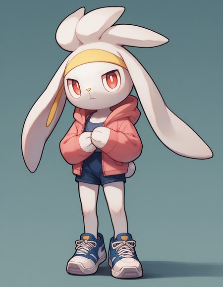 score_9, score_8_up, score_7_up, score_6_up, score_5_up, score_4_up, 1girl, full body, solo,
 <lora:Raboot_v0-3:1> raboot, pokemon \(creature\), white fur, droopy ears, rabbit ears, rabbit tail, red eyes, looking at viewer, furry female, yellow hairband,
boho-blouse, sneakers