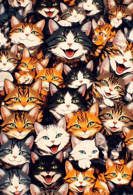A lot of colorful cartoon cats with different expressions of faces. Each cat has a unique personality and mood, some look surprised, others angry, cunning, or thoughtful. They are located close to each other, creating a dense "sea" of cat faces.