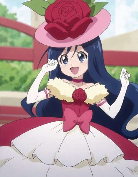 score_9, score_8_up, score_7_up, anime screencap, solo,1girl, oriharatsumugi, gloves, smile, hat, pink headwear, flower, dress, rose,  elbow gloves, choker, open mouth, bow, red flower,  red rose, pink bow,  pantyhose, white gloves, happy, looking at viewer<lora:oriharatsumugi:0.8>