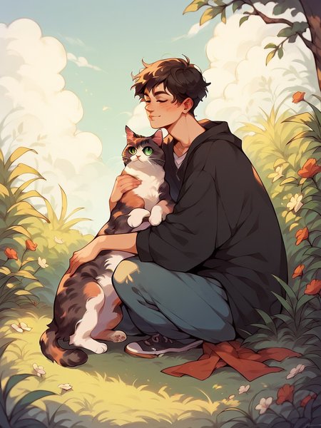 score_9, score_8_up, score_7_up, score_6_up, score_5_up,   <lora:c4tsXLP:1> c4ts, (tortie), calico, <lora:p3tl0v3XLP:1> p3tl0v3, 1boy, cat,