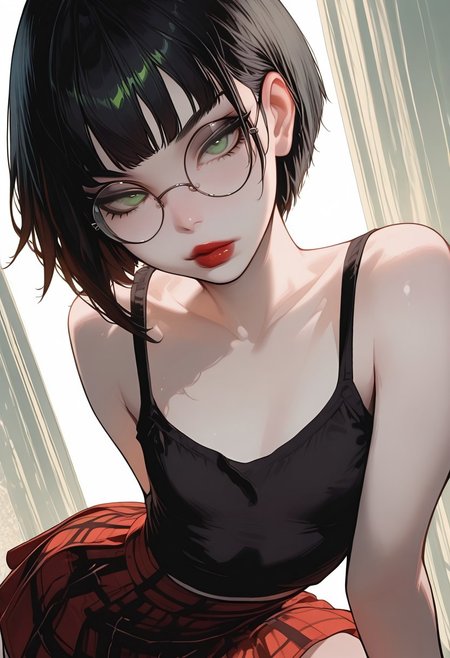 masterpiece, best quality, 32k, high resolution, absurdres, LDSCH, aesthetic,, 1girl, Polly, PollyRH, short hair, bobcut, black hair, bangs, green eyes, small breasts, almost flat chest, slim, pale skin, big round eyeglasses, clear eyeglasses lenses, red lipgloss, HD32k, dynamic pose, aesthetic, perspective, solo, detailed eyes, sensual look, pinup pose, urban scenario, detailed background, black-red tint, sensual look,  goth attire, punk attire, black tank top,nipple peek, (red) tartan skirt, spiky wristbands, chocker, posing sexy, flirty,