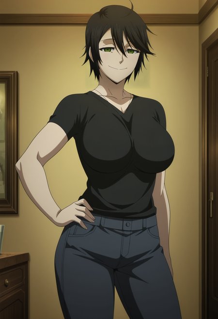 1girl,solo,mm,mature female,black hair,green eyes,short hair,large breasts,anime coloring,
shirt,denim,pants,cowboy shot,hand on own hip, looking at viewer, smile,indoors
,masterpiece,best quality,amazing quality,<lora:Chiquita-Jormungand_ix:1>